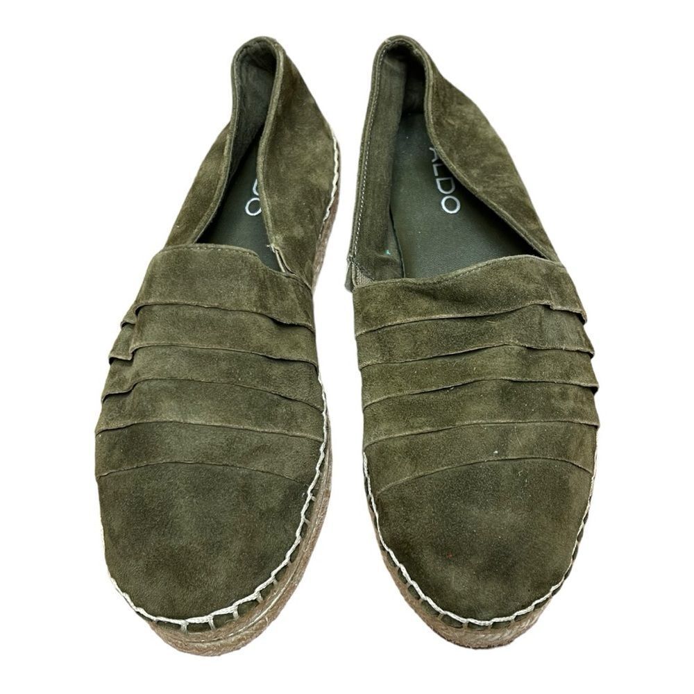 Aldo Espadrilles Flats Green Suede Leather Round Toe Slip On Size 8 EUC Coastal